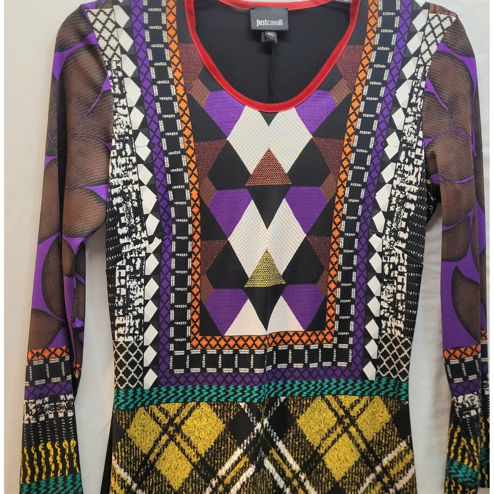Just Cavalli Women Mixed Geometric Print Long Sleeve Dress Black Multi Size 40 - Picture 2 of 15